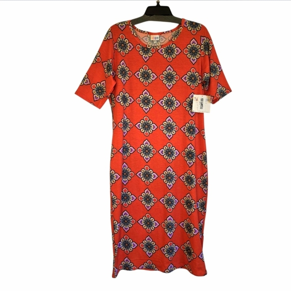 LuLaRoe Julia Dress XL Red Floral Geometric Bodycon Stretch NWT - Picture 10 of 10